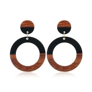 Modern Minimalistic Earrings Circle Wood Resin two-tone Cut Out Dangle Black NEW